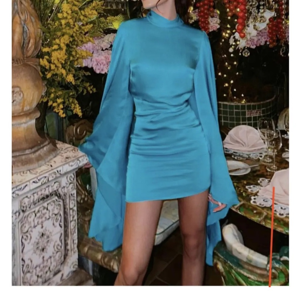 Rat & Boa Turquoise Mini Dress with Dramatic Draped Sleeves - Picture 3 of 3